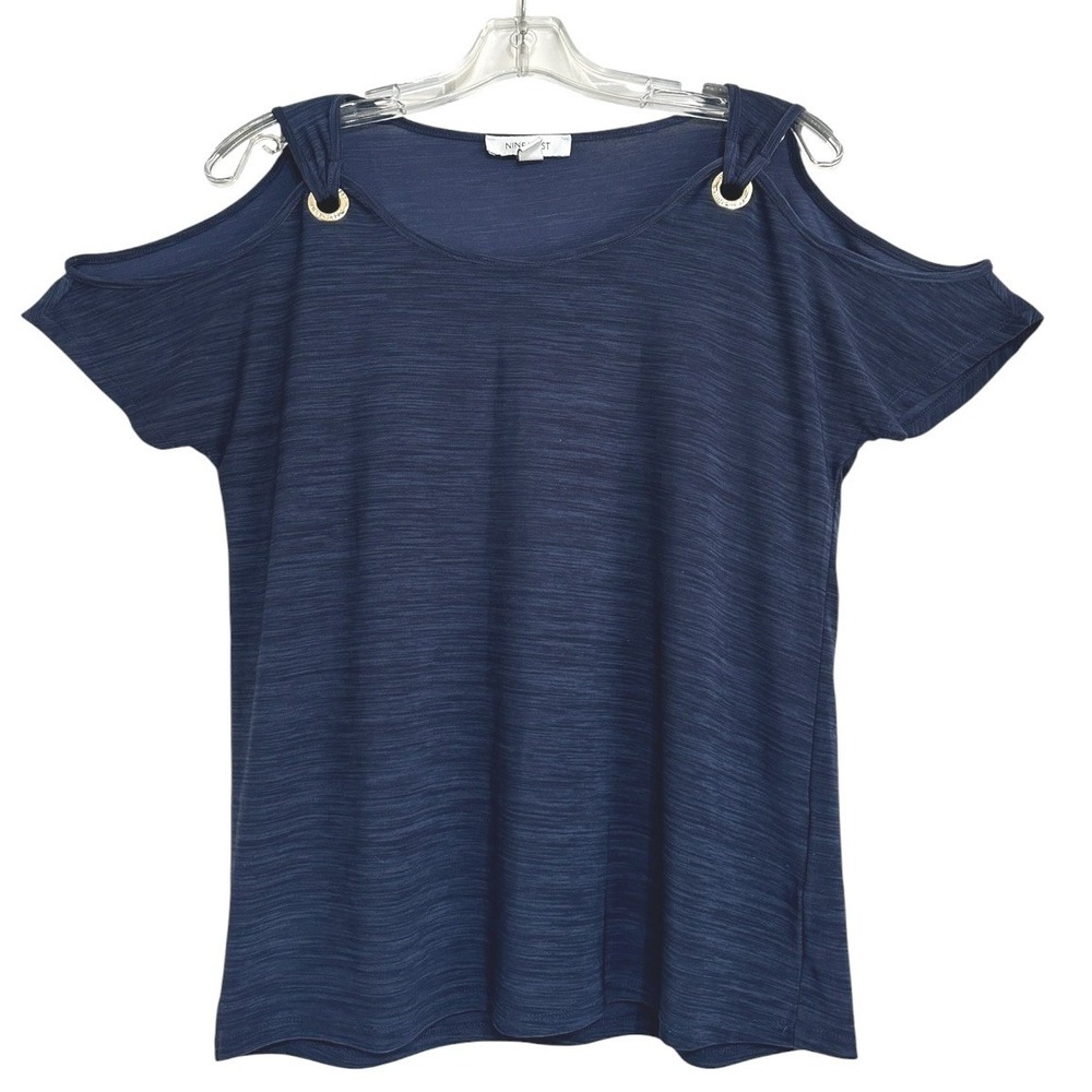 Nine West Cold Shoulder Top Womens Navy Blue Grommet Detail Casual Chic M